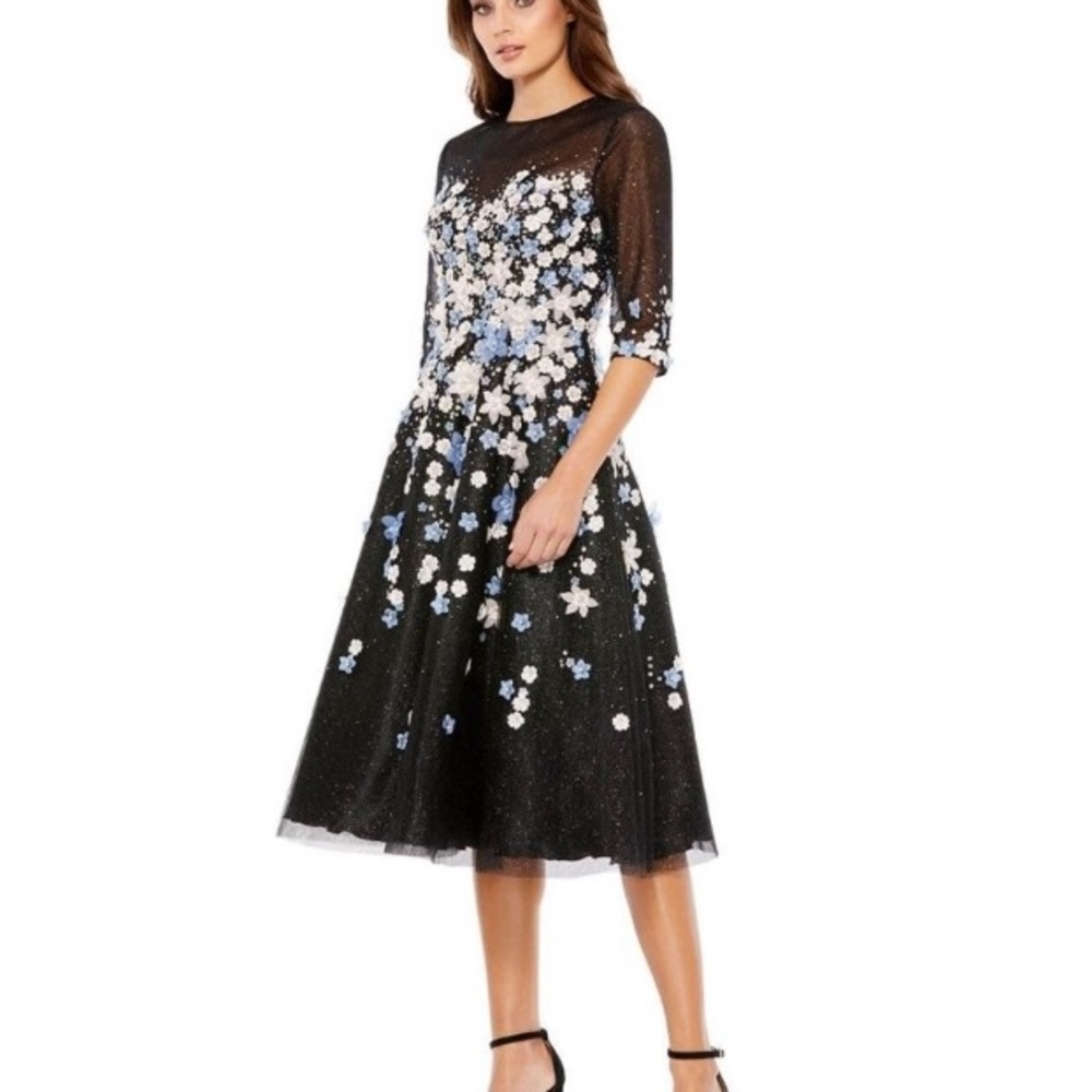 MAC DUGGAL Floral Appliqué Midi Cocktail Dress in Black Multi Size US 12